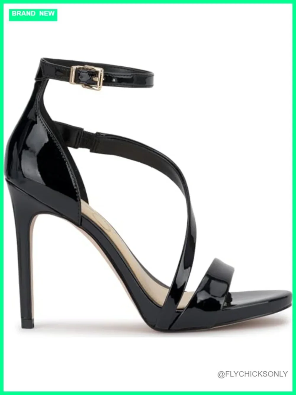 Stiletto Heeled Sandals with Ankle Strap and Buckle Closure in Black Super